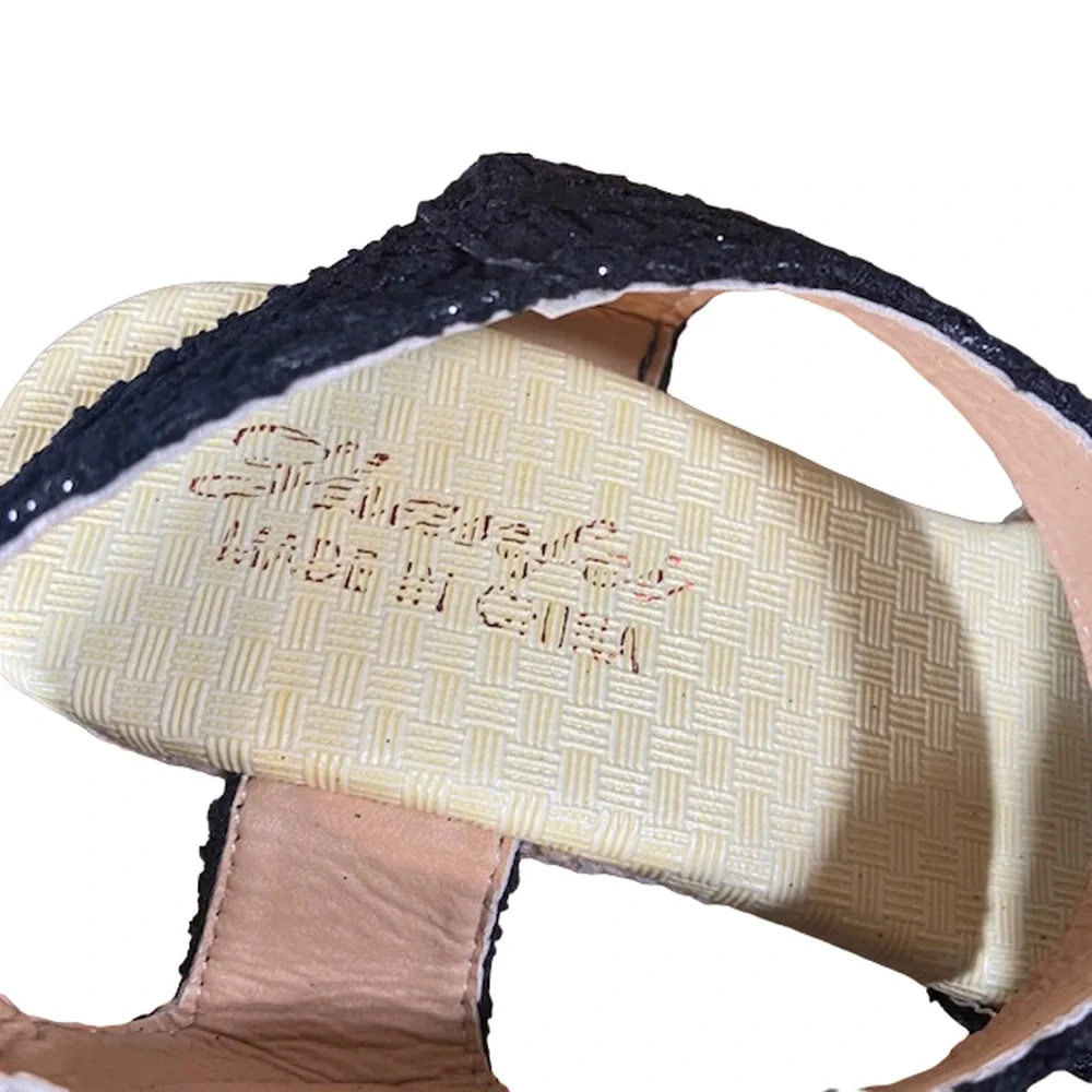 Women’s Metallic Black Wedge Espadrille Sandals Ankle Strap Velcro Size EU 38